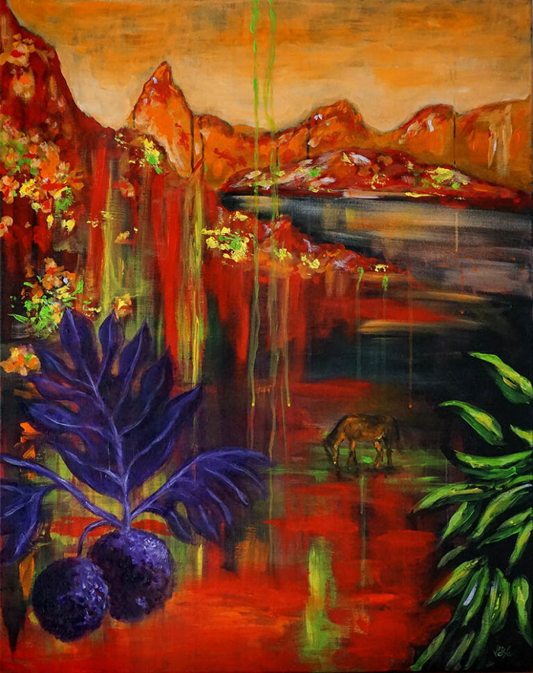 Peinture acrylique sur toile de lin représentant une interprètation d’un paysage de Moorea en Polynésie française. Les couleurs à dominante orange et rouge ainsi que quelques zones que l’on peut qualifier d’abstraites apportent une certaine originalité au tableau. La partie haute représente la baie d’Opunohu, site remarquable et chargé d’histoire de l’île de Moorea. Au tiers de la hauteur, un cheval en plan éloigné broute sur un fond abstrait. En bas au premier plan, en vue rapprochée, une plante verte à droite et sur la gauche le détail d’un arbre à pain avec deux uru(s), fruits à pain en tahitien, avec une teinte en violet qui le met en valeur.